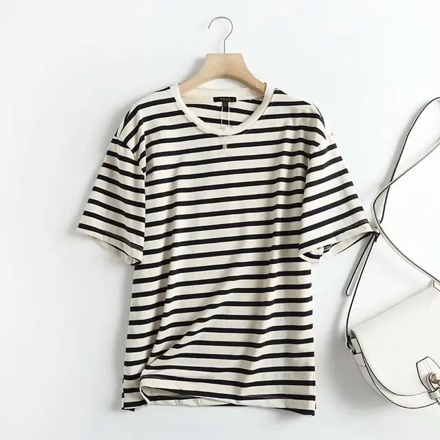 Loose And Simple Navy Style Striped Round Neck Short sleeved T shirt Black - Shop at LoveMi