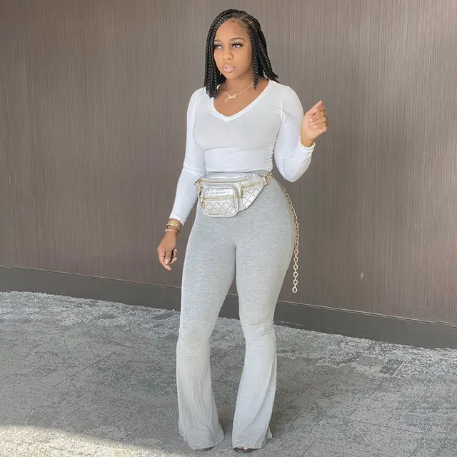 Solid Color High Waist Skinny Casual Flared Pants Grey - Shop at LoveMi