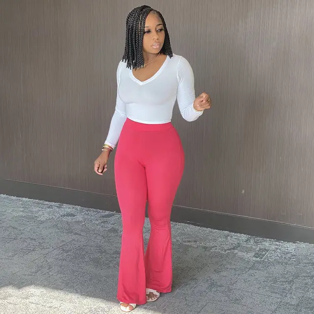 Solid Color High Waist Skinny Casual Flared Pants Red - Shop at LoveMi