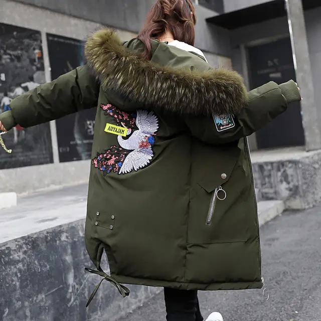 Mid length Large Fur Collar Down Coat Plus Size Korean Student Loose Padded Padded Jacket Women Army Green - Shop at LoveMi