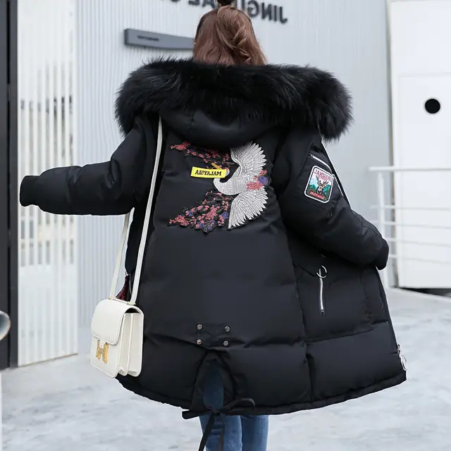Mid length Large Fur Collar Down Coat Plus Size Korean Student Loose Padded Padded Jacket Women Black - Shop at LoveMi