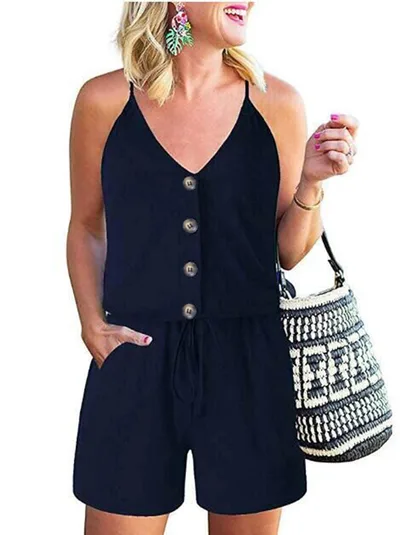 Summer European And American Women's Fashion Camisole Lace up Casual Women's Jumpsuit Blue - Shop at LoveMi