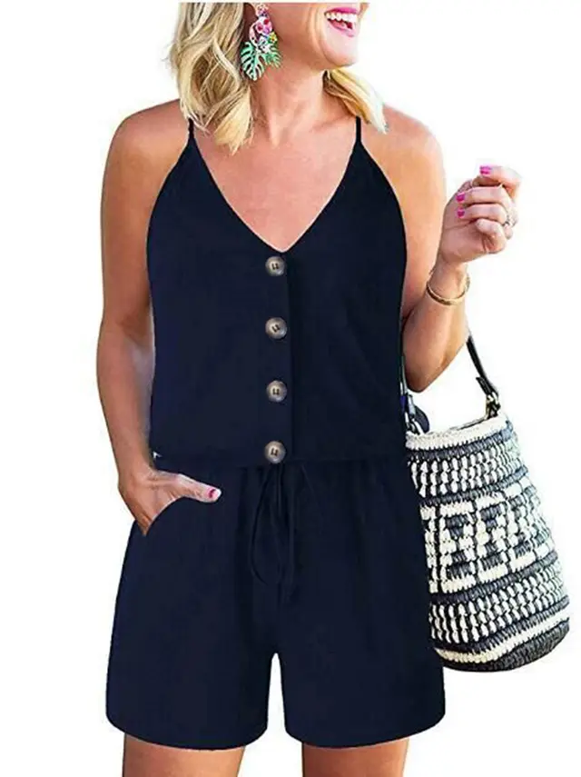 Summer European And American Women's Fashion Camisole Lace up Casual Women's Jumpsuit Navy Blue - Shop at LoveMi