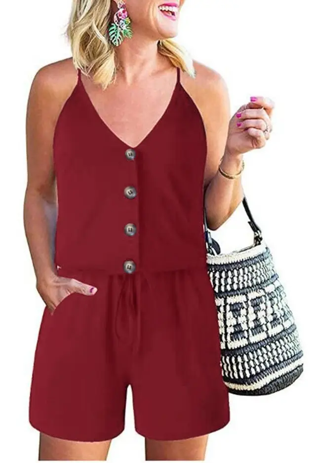 Summer European And American Women's Fashion Camisole Lace up Casual Women's Jumpsuit Wine Red - Shop at LoveMi