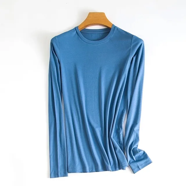Women's Fine Thread Solid Color Round Neck Mask Bottoming Shirt Blue - Shop at LoveMi
