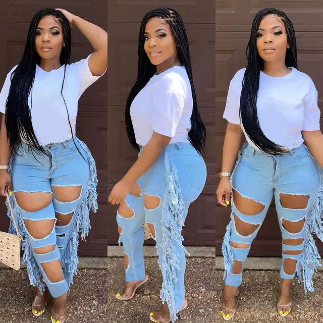 Ripped Fringed Slim Fit Street Trend Jeans Light Blue - Shop at LoveMi