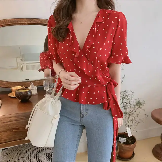 Women V neck Top Waist Skirt Chiffon Shirt Red - Shop at LoveMi