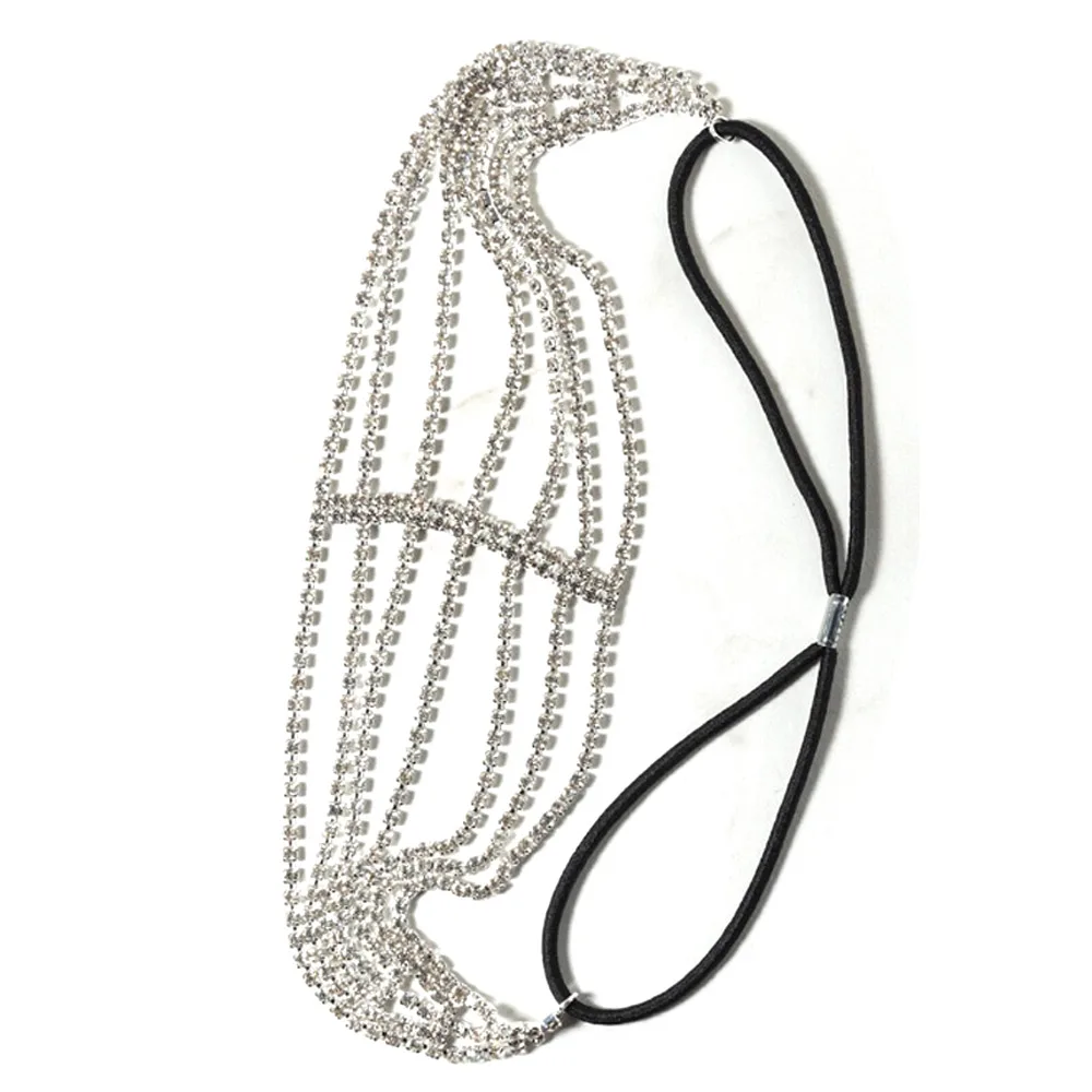 Flash Diamond Rhinestone Elastic Headband Hair Accessories Five Rows Of Diamonds Silver - Shop at LoveMi