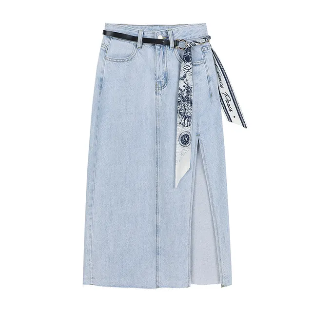 Design Sense Split Denim Skirt Female Summer High Waist Light Blue - Shop at LoveMi