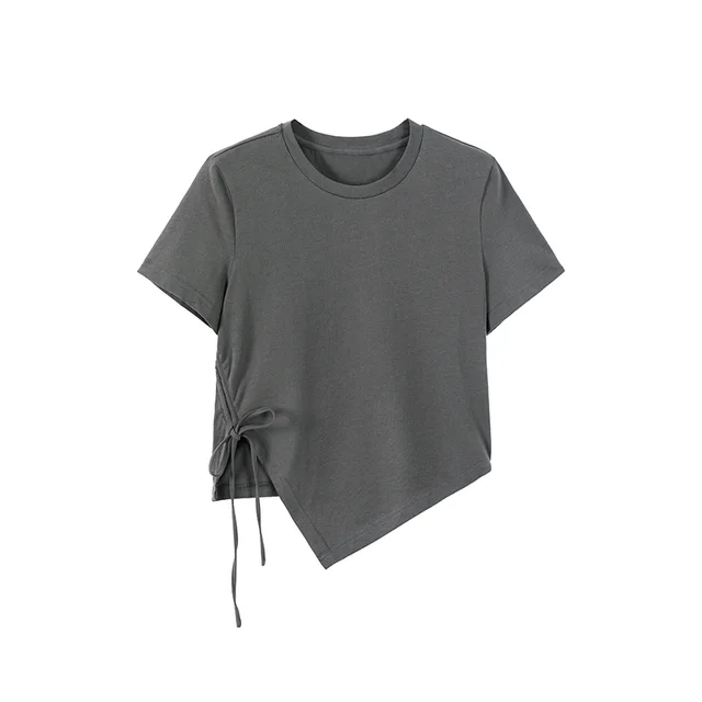 Design Sense Bandage Irregular Short sleeved T shirt Women Grey - Shop at LoveMi