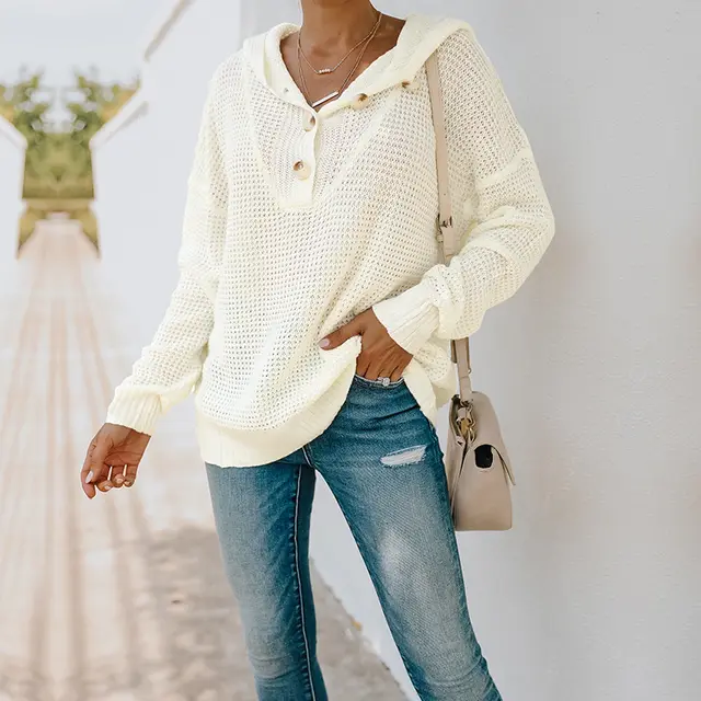 V neck Sweater T shirt Women's Hooded Sweater White - Shop at LoveMi