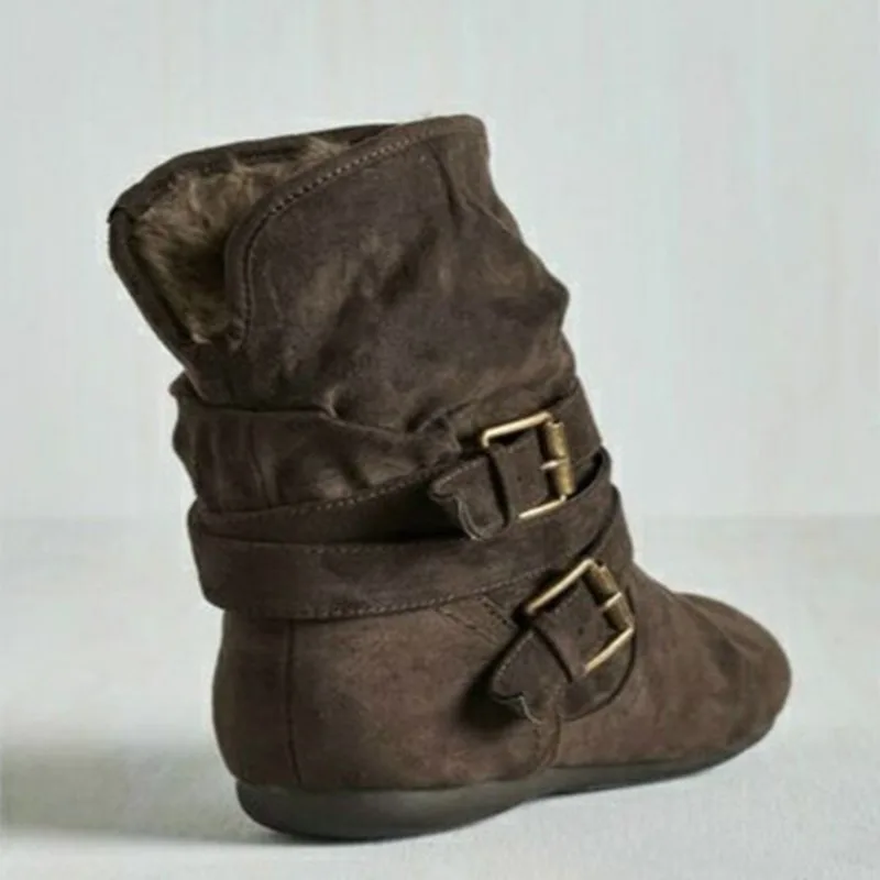Women's Cotton And Velvet Ankle Boots Padded Shoes Flat Buckle Brown - Shop at LoveMi