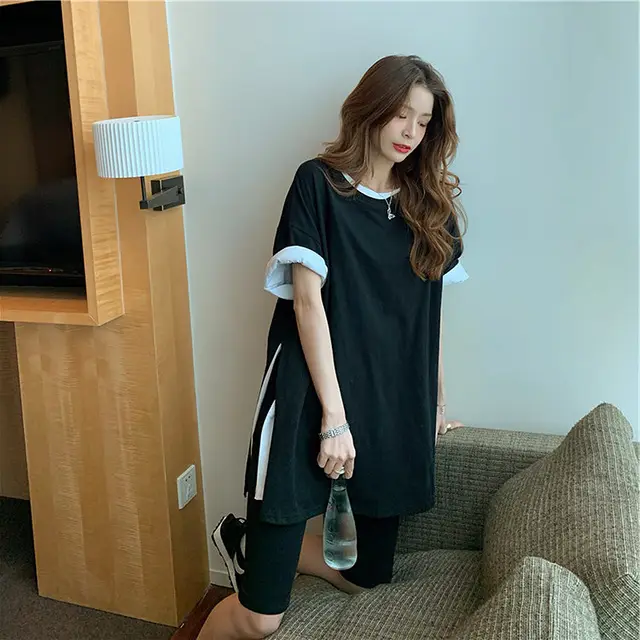 Pure Cotton Womens Short Sleeved Mid Length Dress With Slits Black - Shop at LoveMi