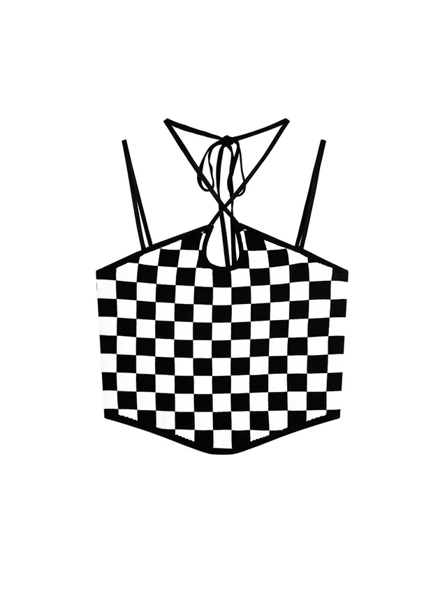 Lace up Knitted Top Design Sense Niche Vest Checkerboard - Shop at LoveMi