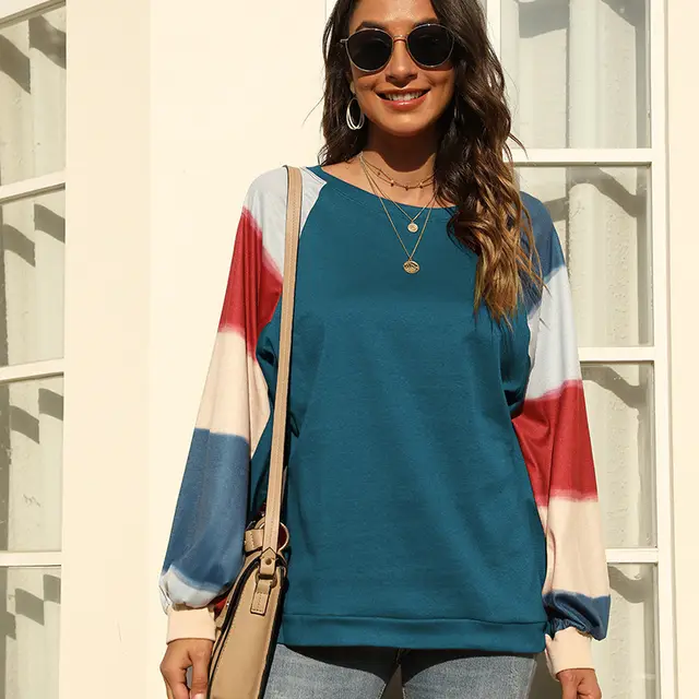 Casual Stitching Pullover Rainbow Long sleeved Blouse Blue - Shop at LoveMi