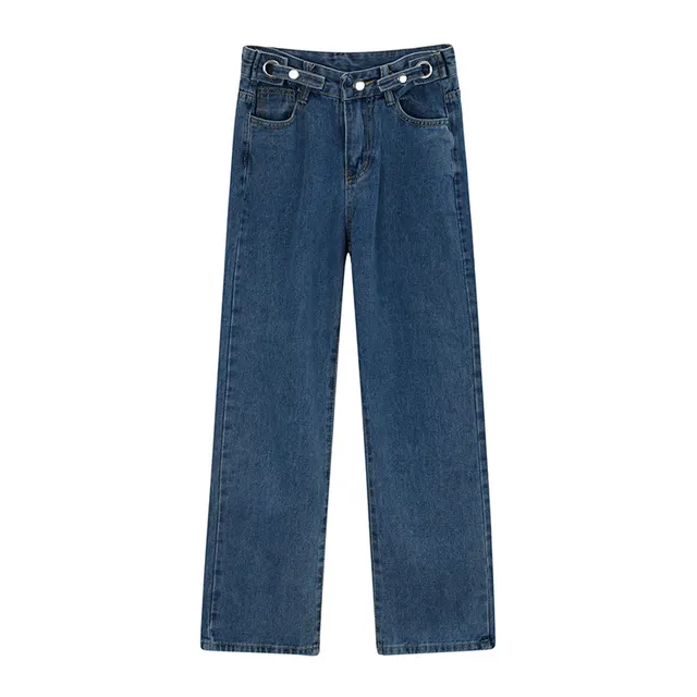 High waisted Jeans Slim Straight Wide leg Pants Dark Blue - Shop at LoveMi