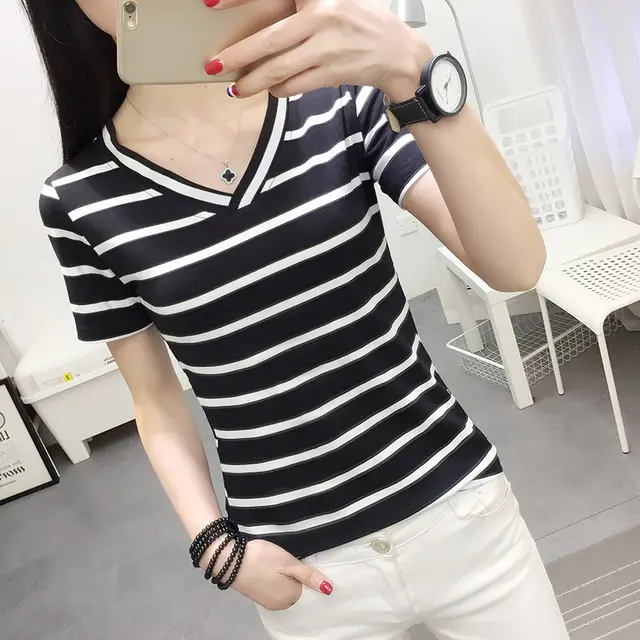 Black And White Striped V neck Short sleeved Women's Bottoming Shirt Black - Shop at LoveMi