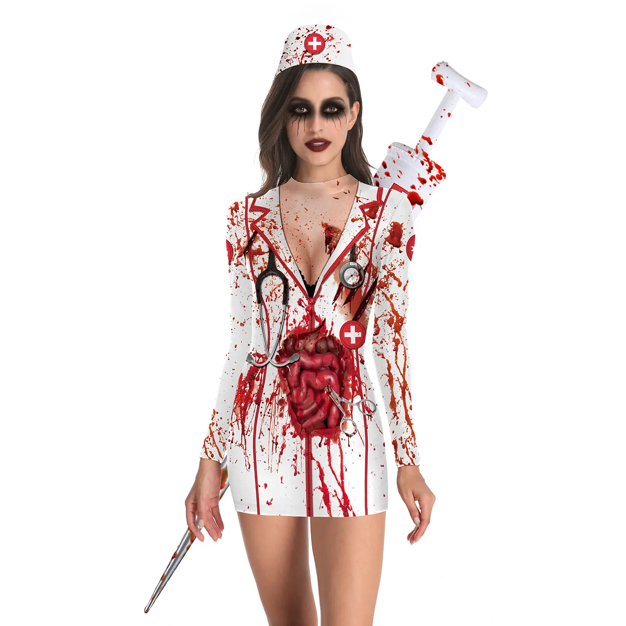 European And American Halloween Nurse Zombie Round Neck Slim Long Sleeve Dress - Photo Color - View 1