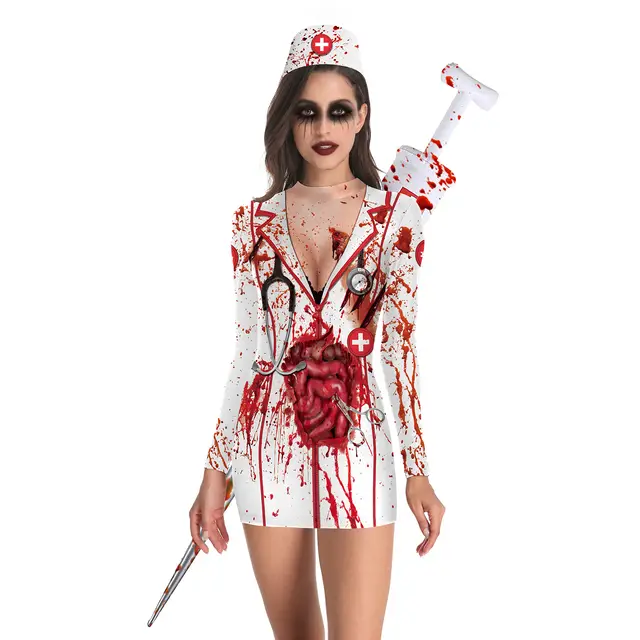 European And American Halloween Nurse Zombie Round Neck Slim Long Sleeve Dress Photo Color - Shop at LoveMi