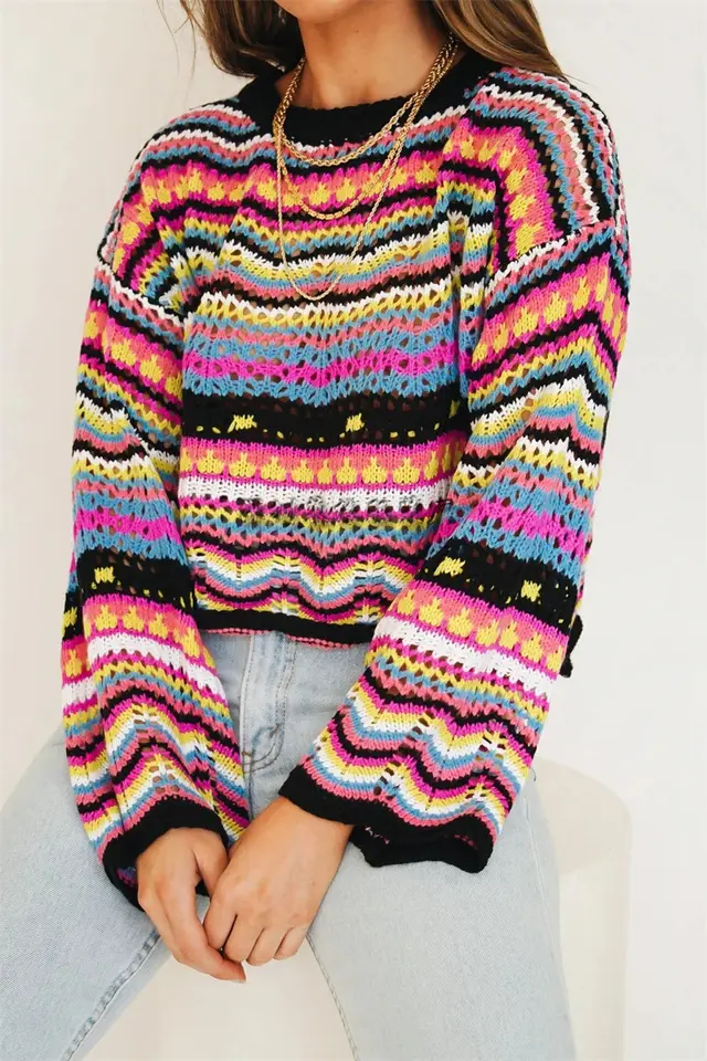 Stitching Sweater Loose Inter color Rainbow Round Neck Striped Women Black - Shop at LoveMi