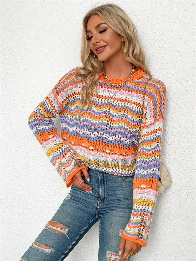 Stitching Sweater Loose Inter-color Rainbow Round Neck Striped Women - Orange