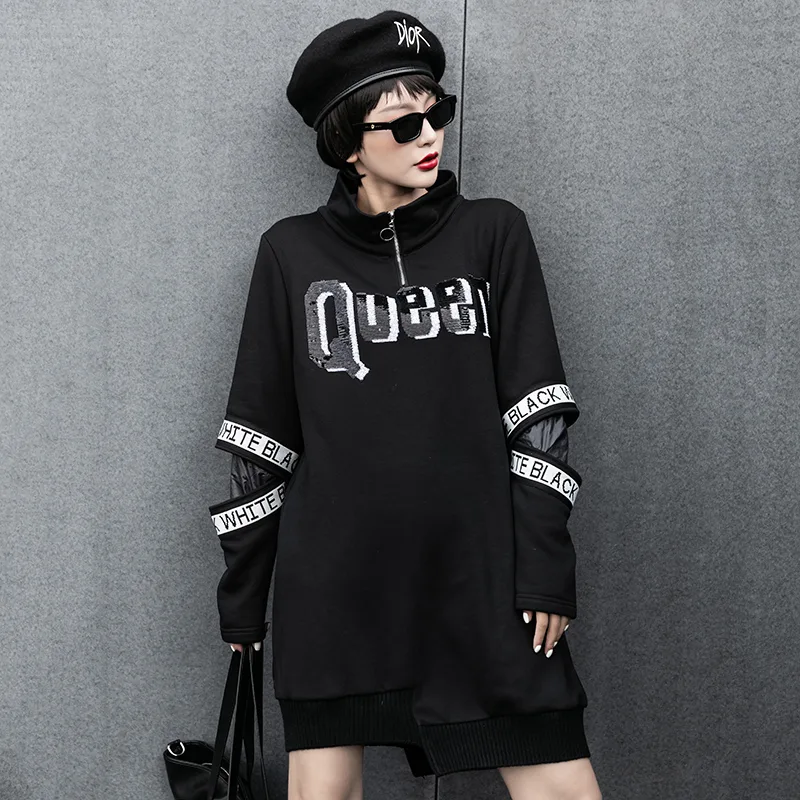 Street Style Long Asymmetrical Hem Printed Zipper Slim Sweater - Black