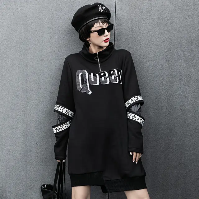 Street Style Long Asymmetrical Hem Printed Zipper Slim Sweater Black - Shop at LoveMi