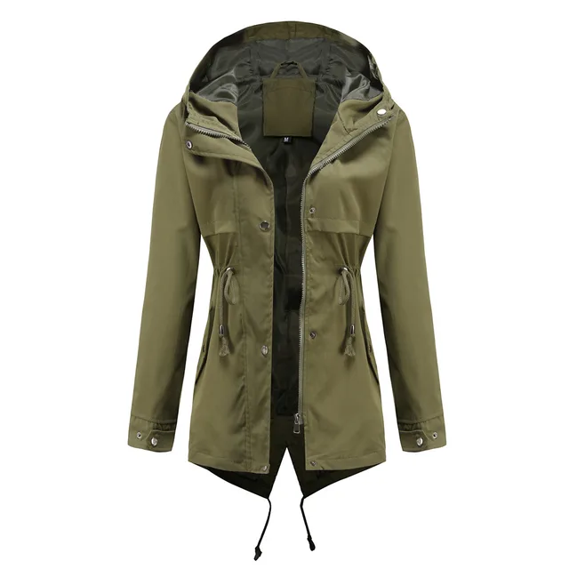 Windbreaker Mid length Hooded Jacket With Waist Waist Outdoor Raincoat Green - Shop at LoveMi
