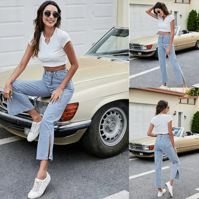 Casual Side Slit All match Jeans Blue - Shop at LoveMi