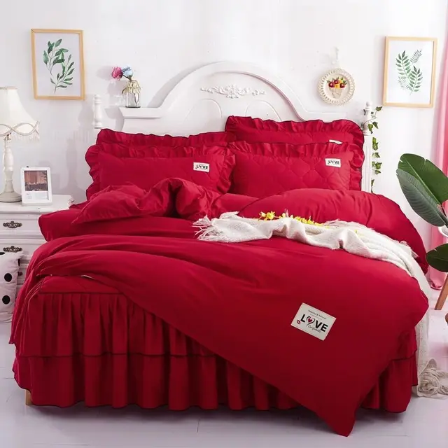 A Full Set Of Quilted Fallwinter Bed Skirt Bedspread Bed Sheet Princess Bedspread Plus Quilt Cover Scarlet - Shop at LoveMi