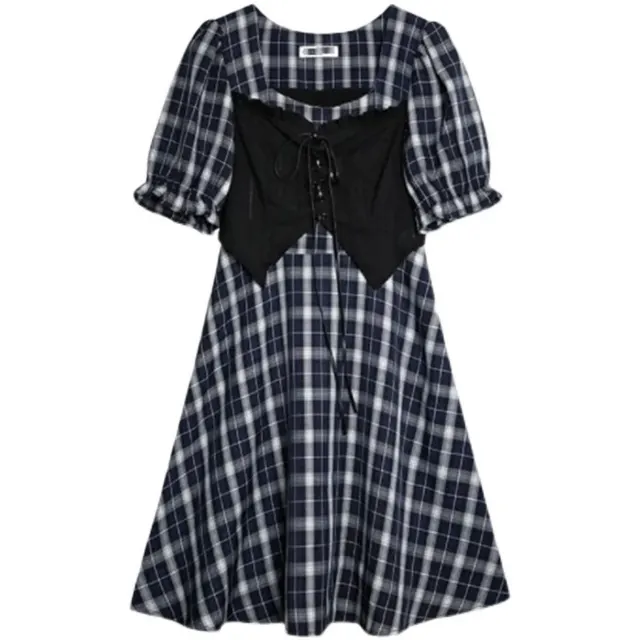 Puff Sleeve Vest Fake Two piece Plaid Dress Black - Shop at LoveMi