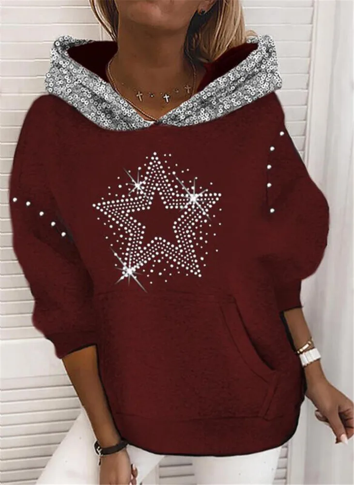 Rhinestone Loose Long Sleeve Sequined Hoodie Red - Shop at LoveMi