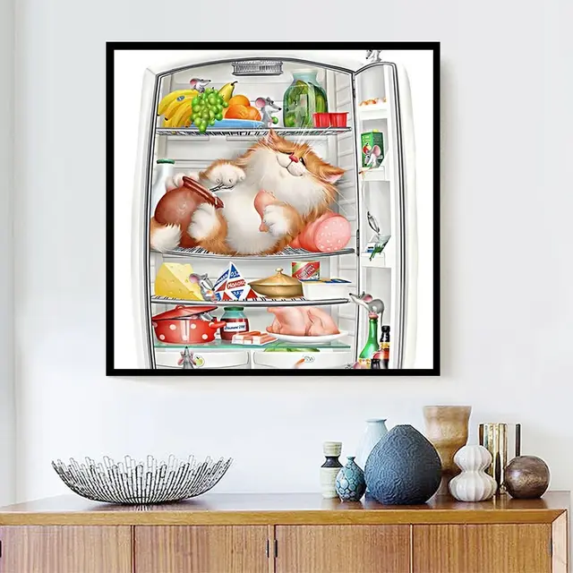 Diamond Embroidery Cat In The Refrigerator Cat In The Refrigerator - Shop at LoveMi