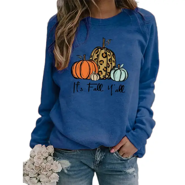 Pumpkin Print Round Neck Long Sleeve Women's Sweatshirt Blue - Shop at LoveMi
