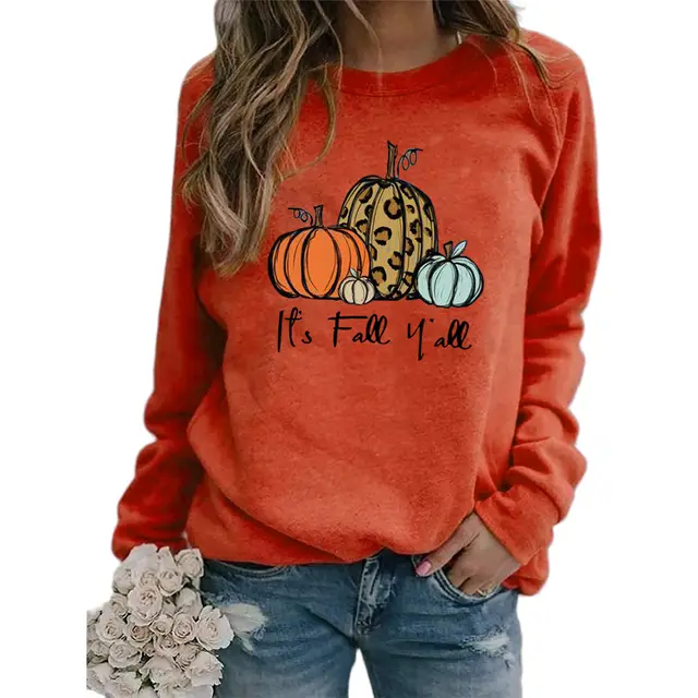 Pumpkin Print Round Neck Long Sleeve Women's Sweatshirt Orange - Shop at LoveMi