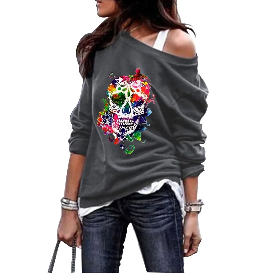 Women's European And American Round Neck Sweater Female Skull Print - Grey
