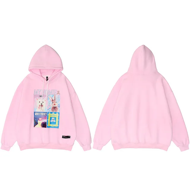 Animal Sweater Printing Hooded Fried Street Loose Ins Men And Women Couples Pink - Shop at LoveMi
