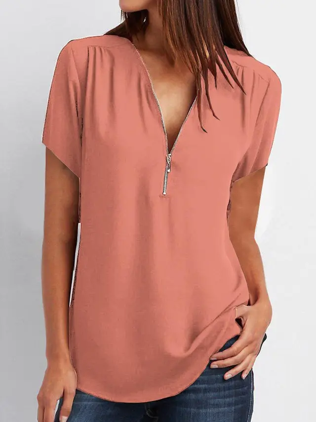 V neck Zipper Short sleeved Chiffon Shirt Brick Red - Shop at LoveMi