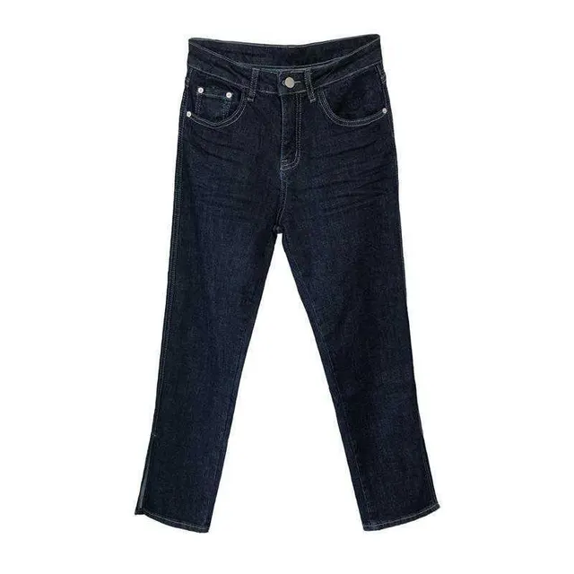 Women's High waisted Jeans Korean Style Plus Size Slim Slim Nine point Straight leg Pants Dark Blue With Belt - Shop at LoveMi