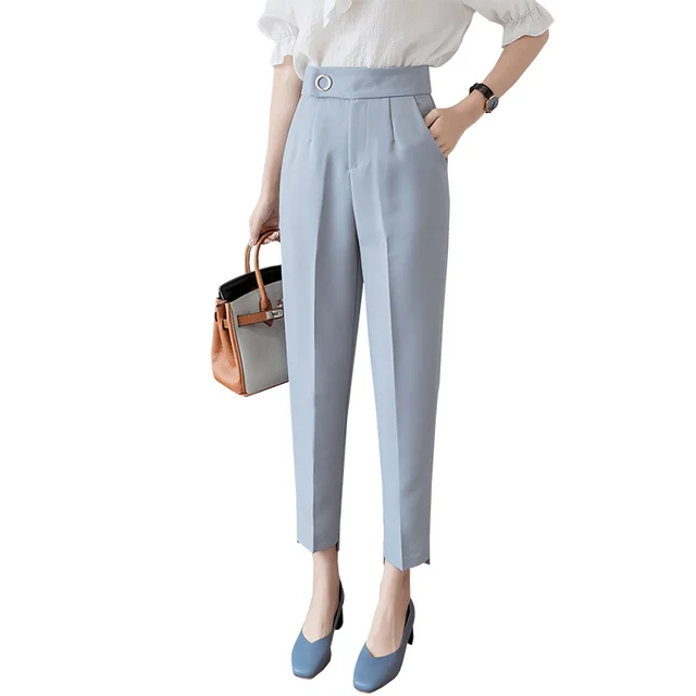 High Waist Cropped Chiffon Loose Straight Tube Trousers Blue - Shop at LoveMi