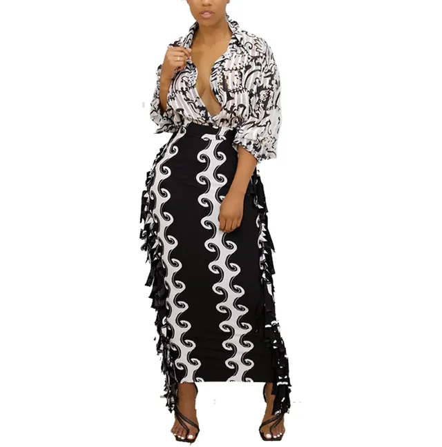 European And American Creative Casual Slim fit Tassel Black And White Print Sexy Skirt Black - Shop at LoveMi