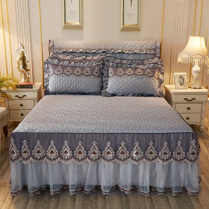 Quilted Lace Bed Skirt Bed Liner Light Sha Man Dance Light Gra - Shop at LoveMi