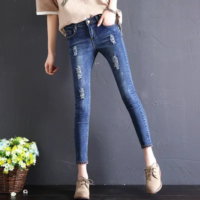 Autumn Jeans Women's Nine point Hole Self cultivation Stretch Slimming Embroidery Blue - Shop at LoveMi