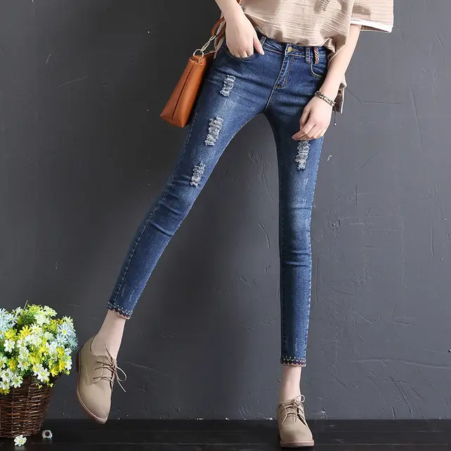 Autumn Jeans Women's Nine point Hole Self cultivation Stretch Slimming Embroidery Dark Blue - Shop at LoveMi