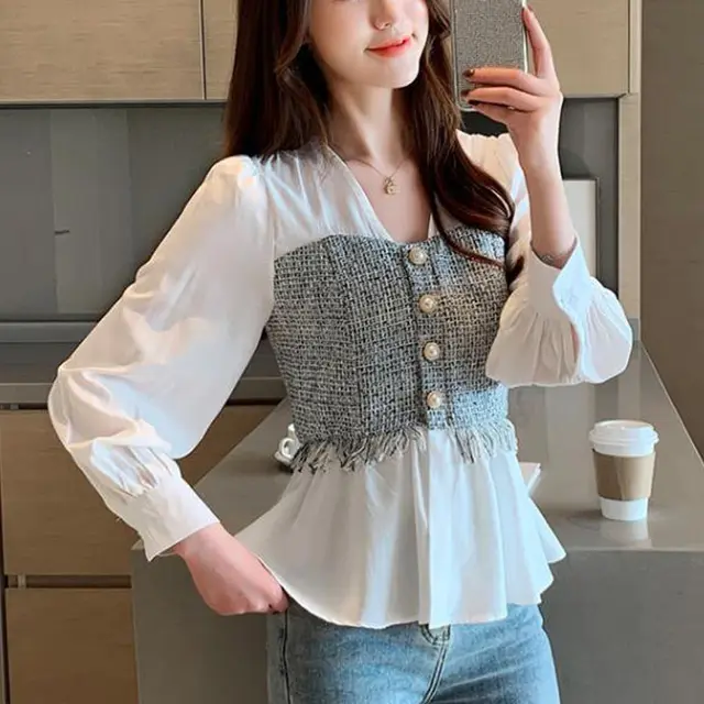 Temperament Little Fairy V neck Waist Long Sleeve Stitching Fashion Chiffon Shirt White - Shop at LoveMi