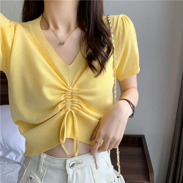 Women's V neck Blouse Summer Knit Short Sleeve Yellow - Shop at LoveMi