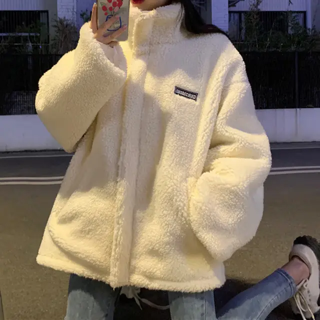 Women's Stand up Collar Loose Plus Velvet Lamb Velvet Coat White - Shop at LoveMi