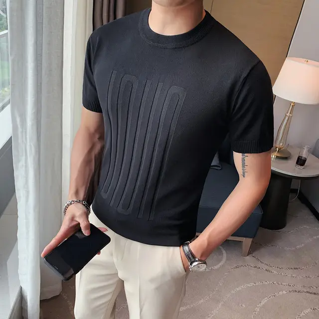 Men's Short sleeved Solid Color T shirt, Round Neck, Knitted T shirt Black - Shop at LoveMi
