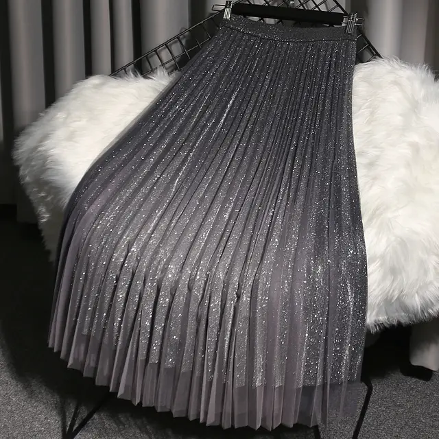 High end Mesh Skirts Are Thinner Women's Summer Mid length Skirt Gradient Color Mid length Pleated Skirt Grey Black - Shop at LoveMi