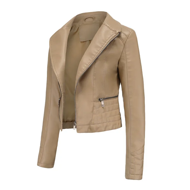 Womens Fashion Lapel Spring And Autumn Washed PU Leather Jacket Apricot - Shop at LoveMi